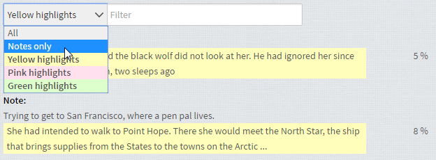 Notes and Highlights filter